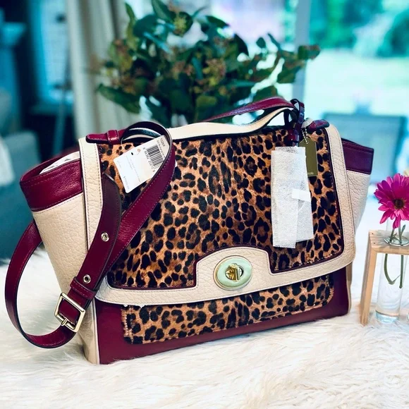 COACH Legacy Colorblock Ocelot Haircalf Flap Carryall in Aubergine/Multi - NWT!